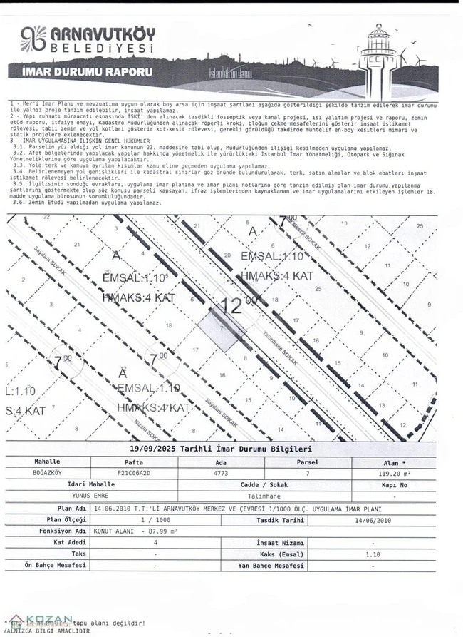Arnavutköy-Boğazköy de 119.20 m2 satlık arsa