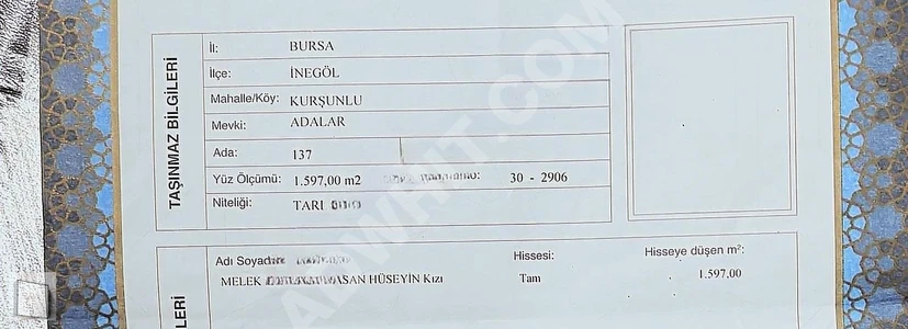 BURSA İNEGÖL KURŞUNLU MAH ACİL SATILIK ARSA