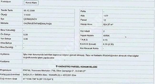 SATILIK İMARLI ARSA TEKİRDAĞ ÇERKEZKÖY'DE 825 M²